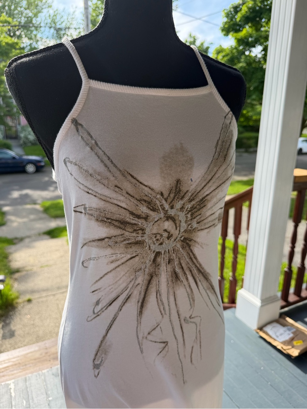 White Graphic Slip Dress with Sunburst Motif - Picture 3 of 5
